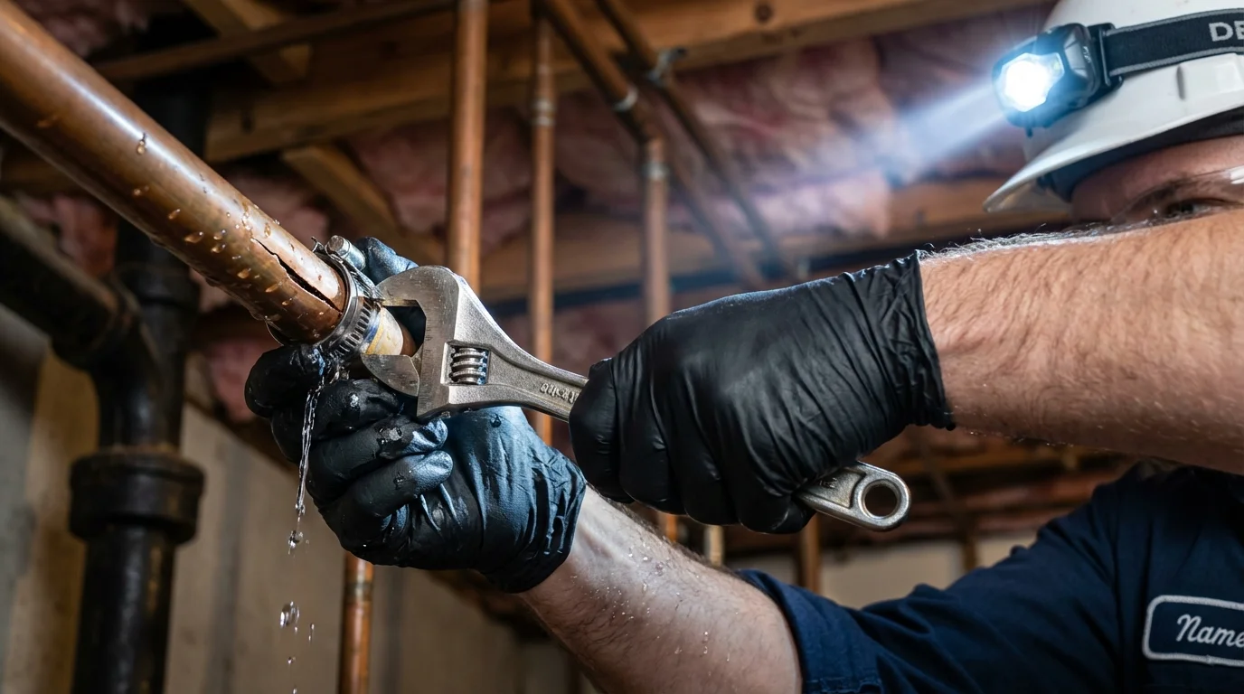 Emergency pipe clamp repair being performed by a Johns Plumbing LLC plumber in Truro