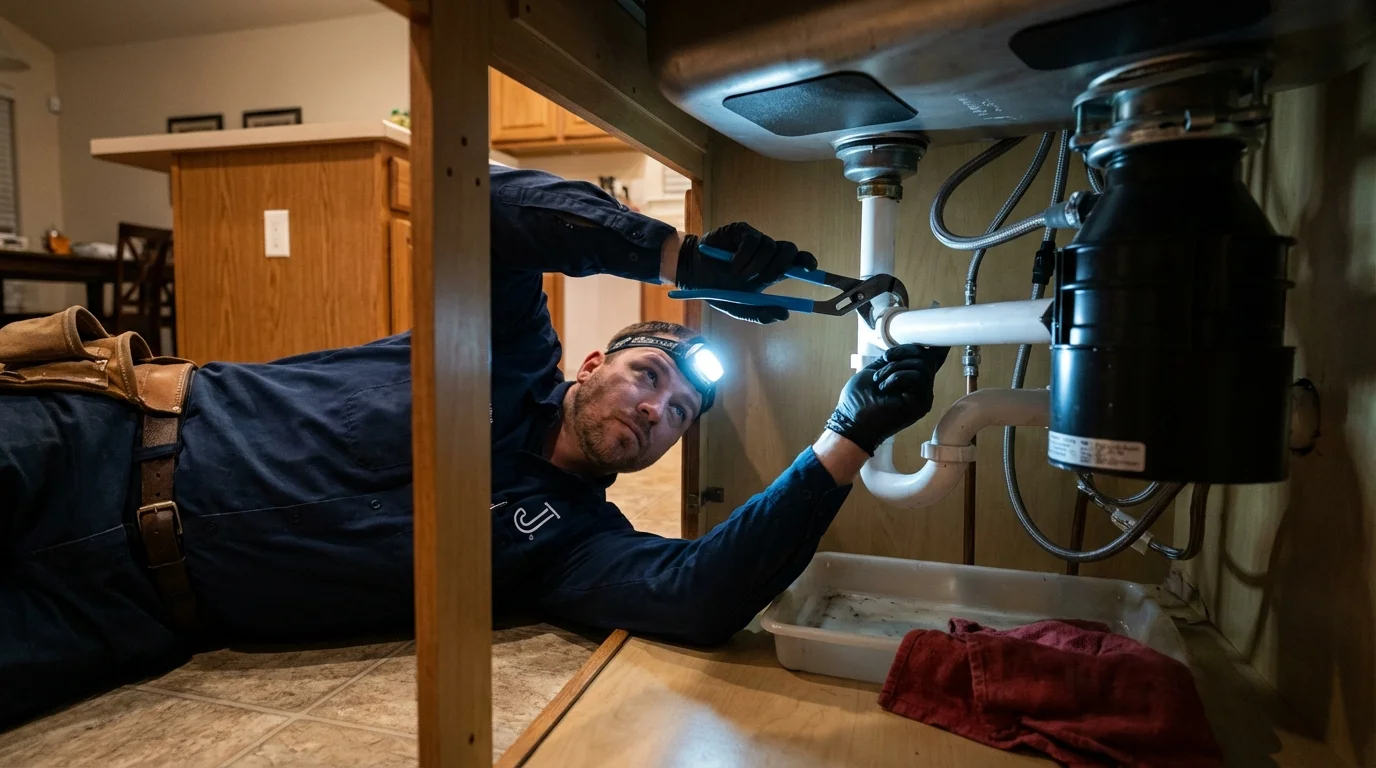 P-trap and supply line connections under a kitchen sink showing a common leak point in Truro, MA